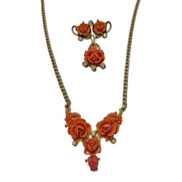 Vintage Carved Celluloid Coral Rose Necklace and Brooch - Picture 1 of 10
